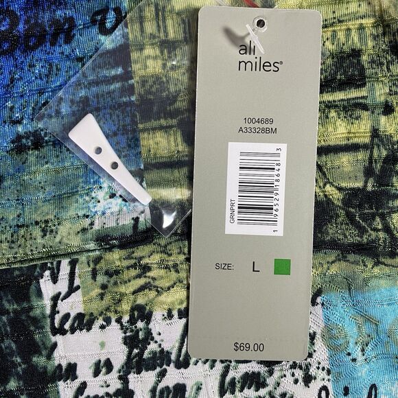 NWT ALI MILES Tunic Blouse Button Paris Roll Tab Long Sleeve Womens L Green Blue - Picture 3 of 13